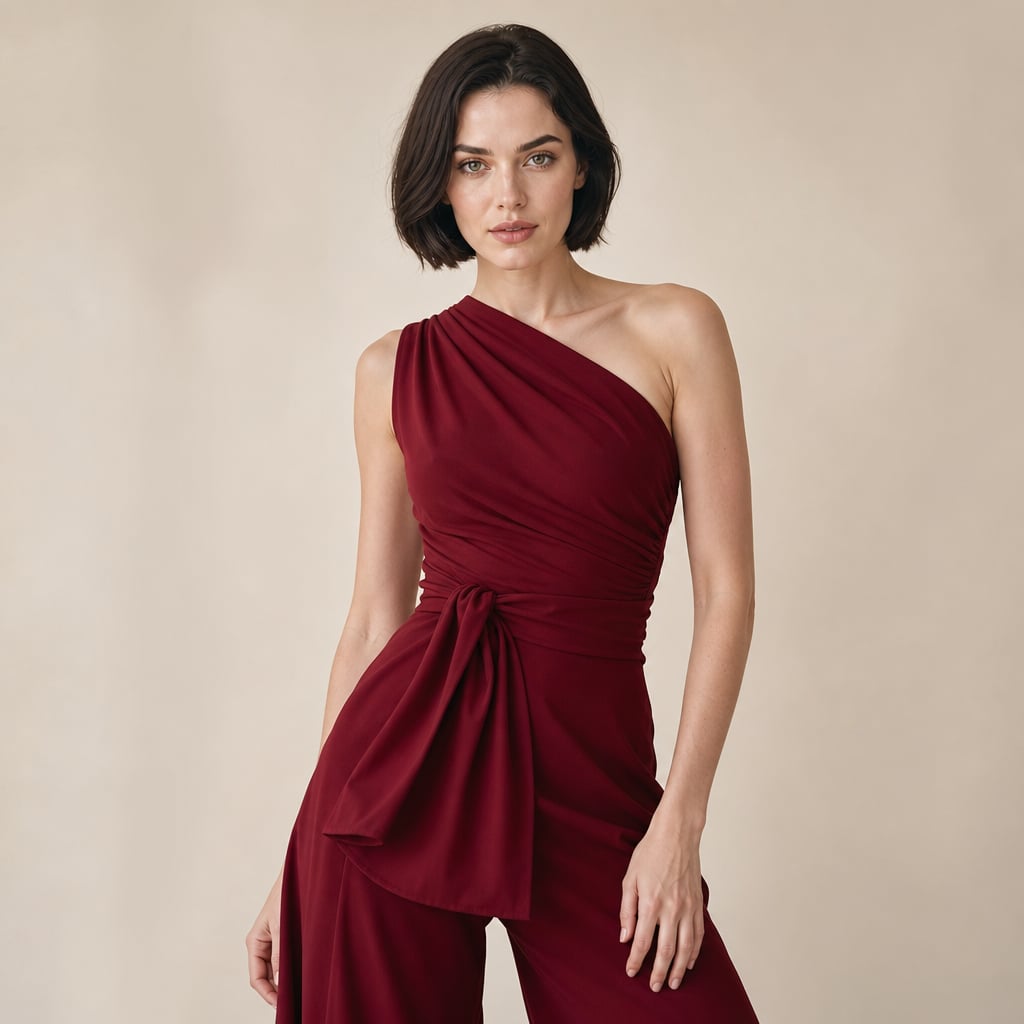 Modelo de pie usando jumpsuit borgoña de un solo hombro con pierna ancha y moño en la cintura natural