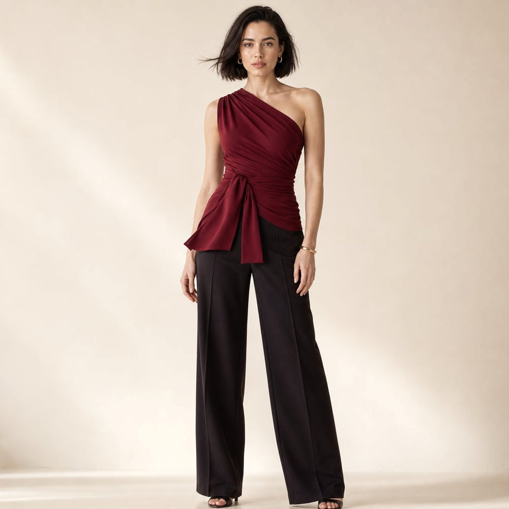 Jumpsuit un solo hombro pierna ancha con lazo en la cintura – Labetina