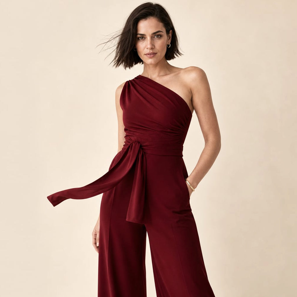 Jumpsuit un solo hombro pierna ancha con lazo en la cintura – Labetina