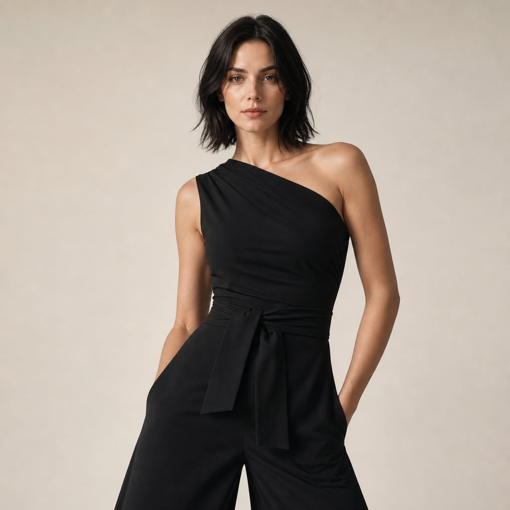 Jumpsuit un solo hombro pierna ancha con lazo en la cintura en Black – Labetina