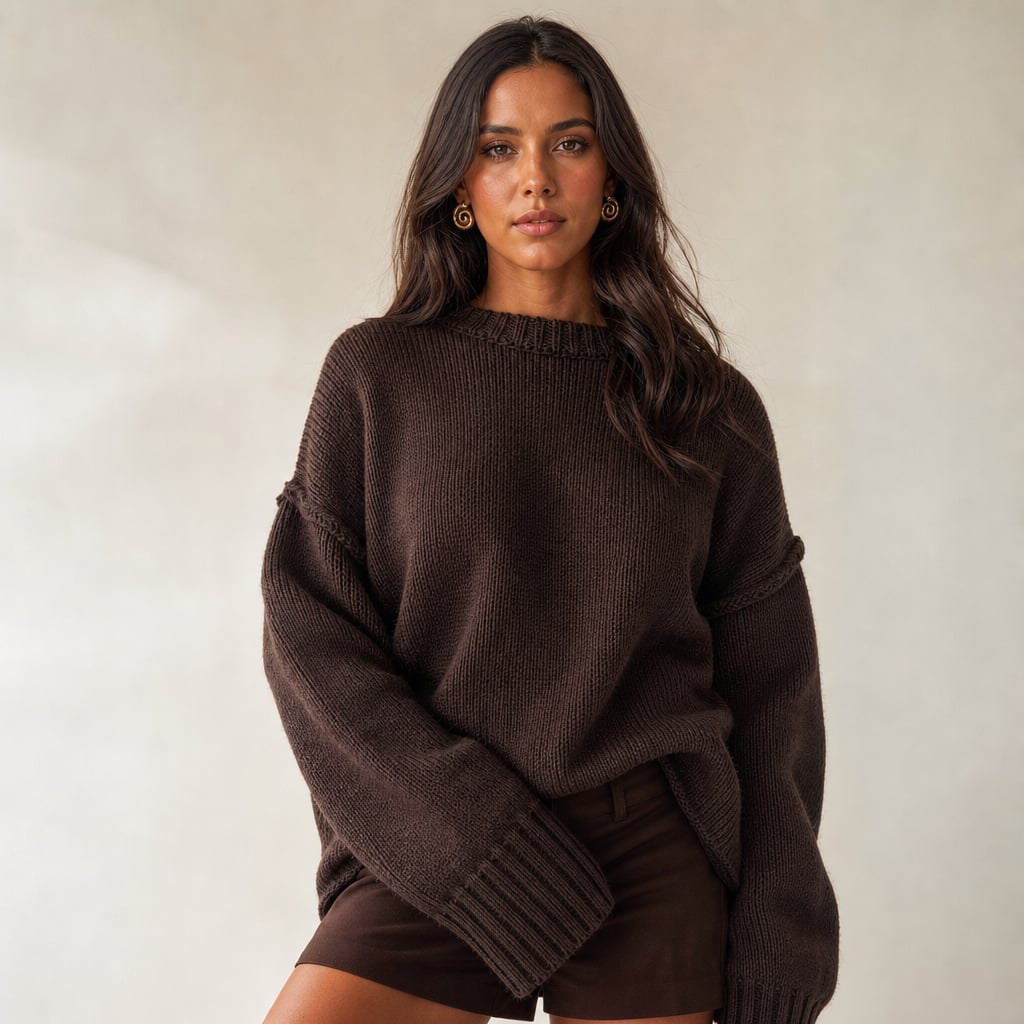 Jumper de punto 100% algodón color chocolate con cuello redondo y largo de cadera, vista frontal