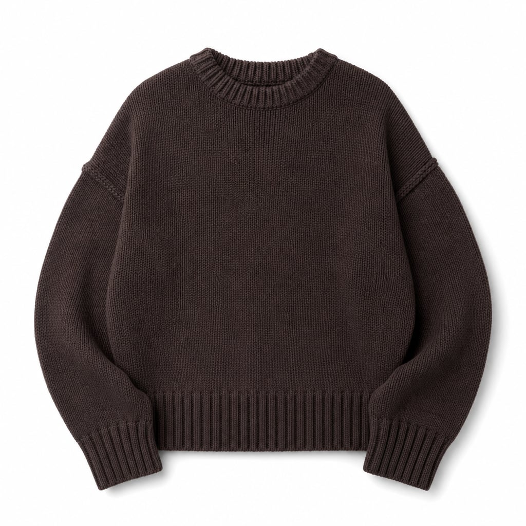 Modelo con jumper de punto chocolate, tejido cepillado y silueta relajada, combinado con pantalón de pinzas