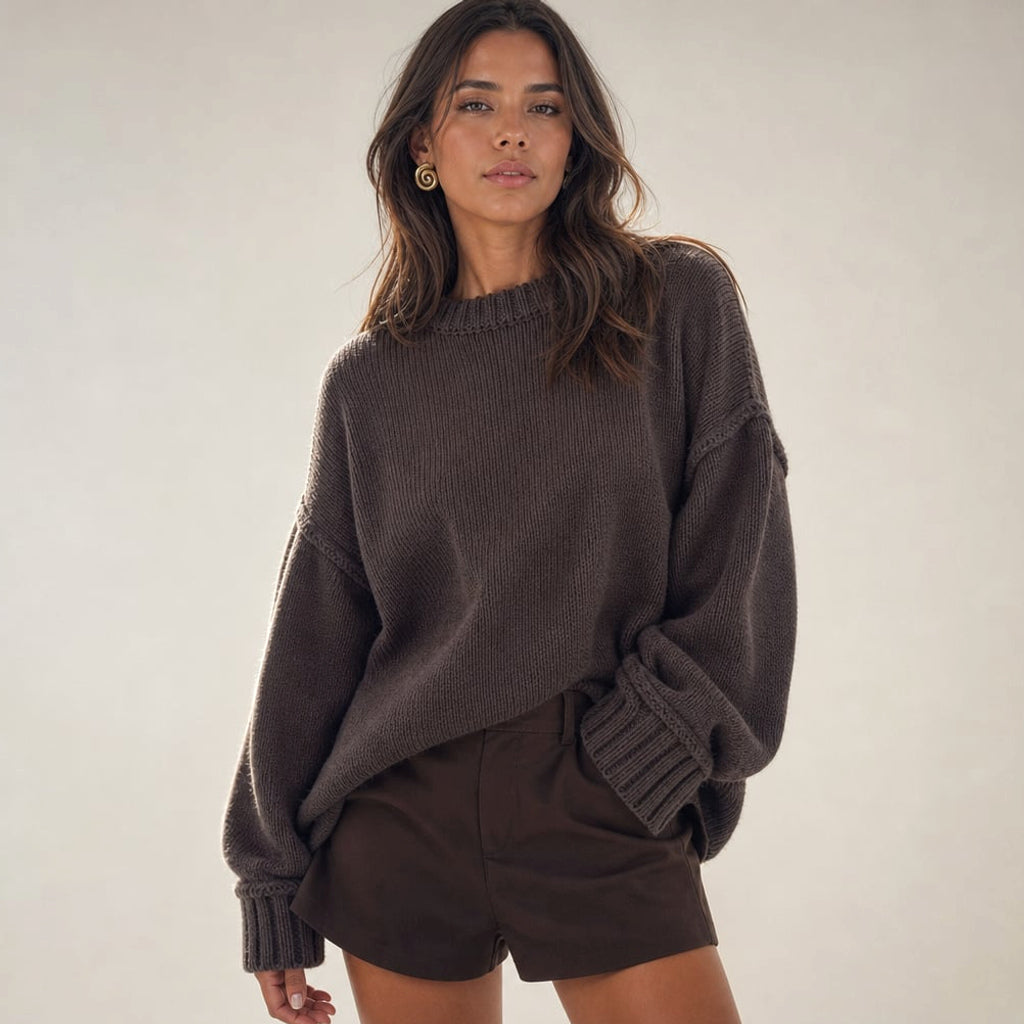 Jumper de punto algodón cuello redondo Chocolate – Labetina