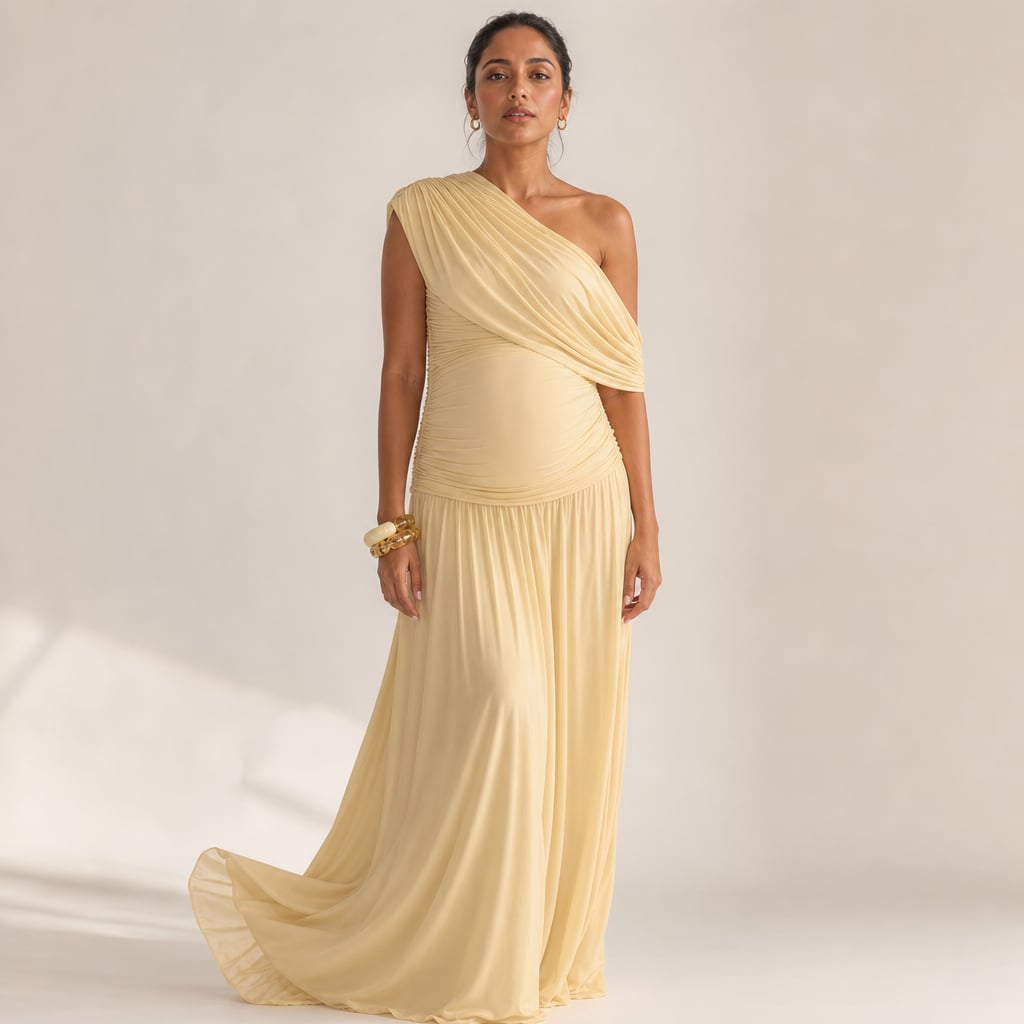 Vestido maxi de maternidad color albaricoque con escote de un solo hombro asimétrico y caída hasta el piso