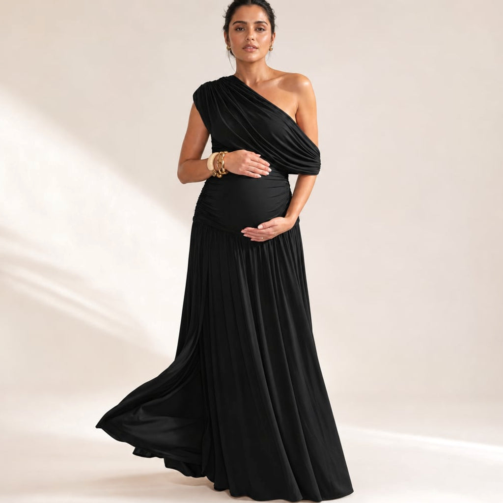 Vestido maxi de maternidad hombro asimétrico en Black – Labetina