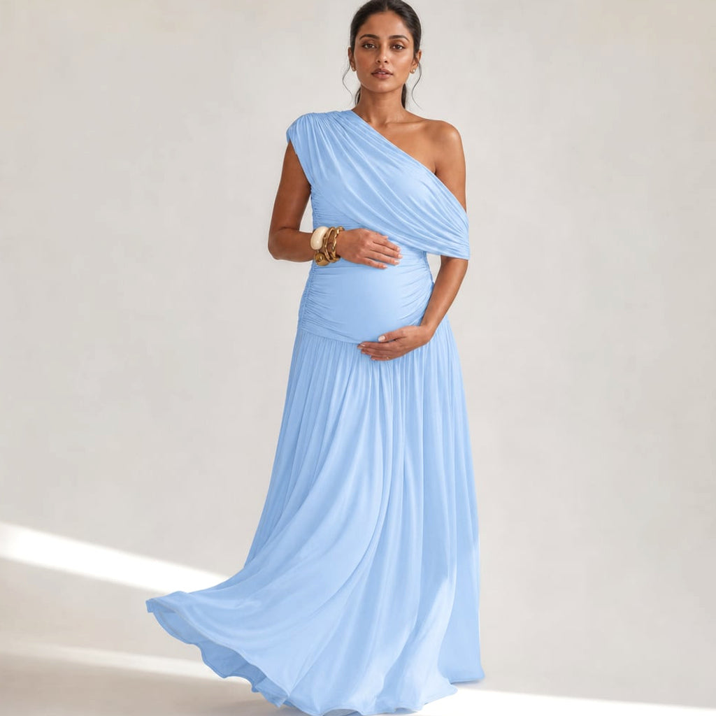 Vestido maxi de maternidad hombro asimétrico en Light Blue – Labetina