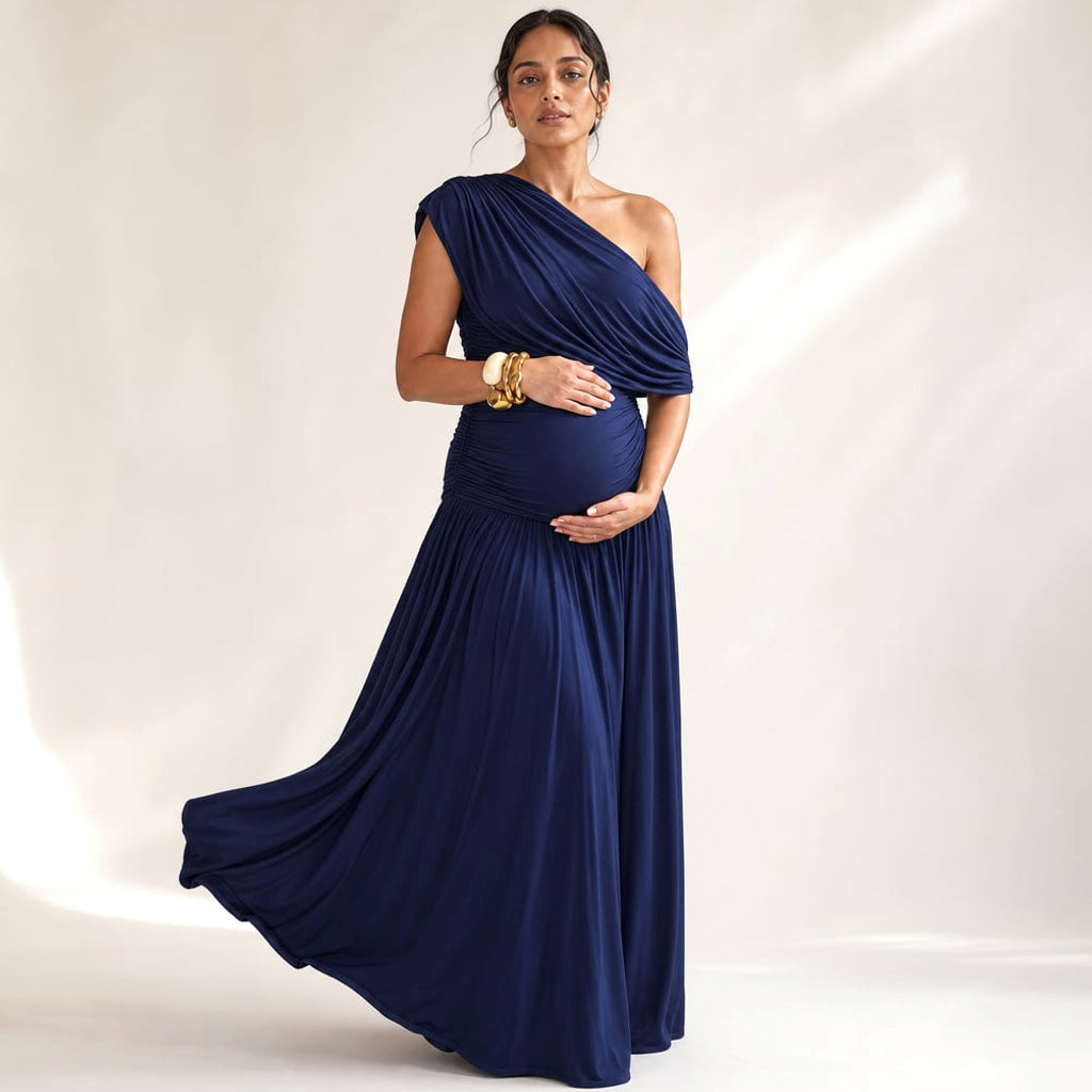 Vestido maxi de maternidad hombro asimétrico en Navy – Labetina