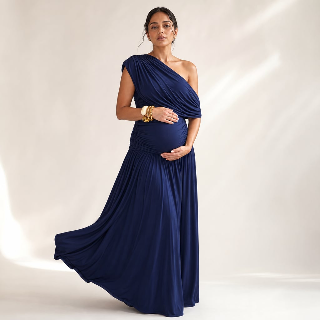 Vestido maxi de maternidad hombro asimétrico en Navy – Labetina