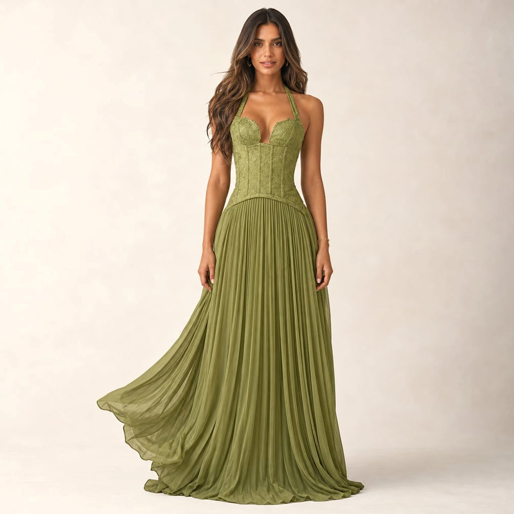 Vestido maxi verde con corsé ballonado y falda plisada larga vista frontal completa