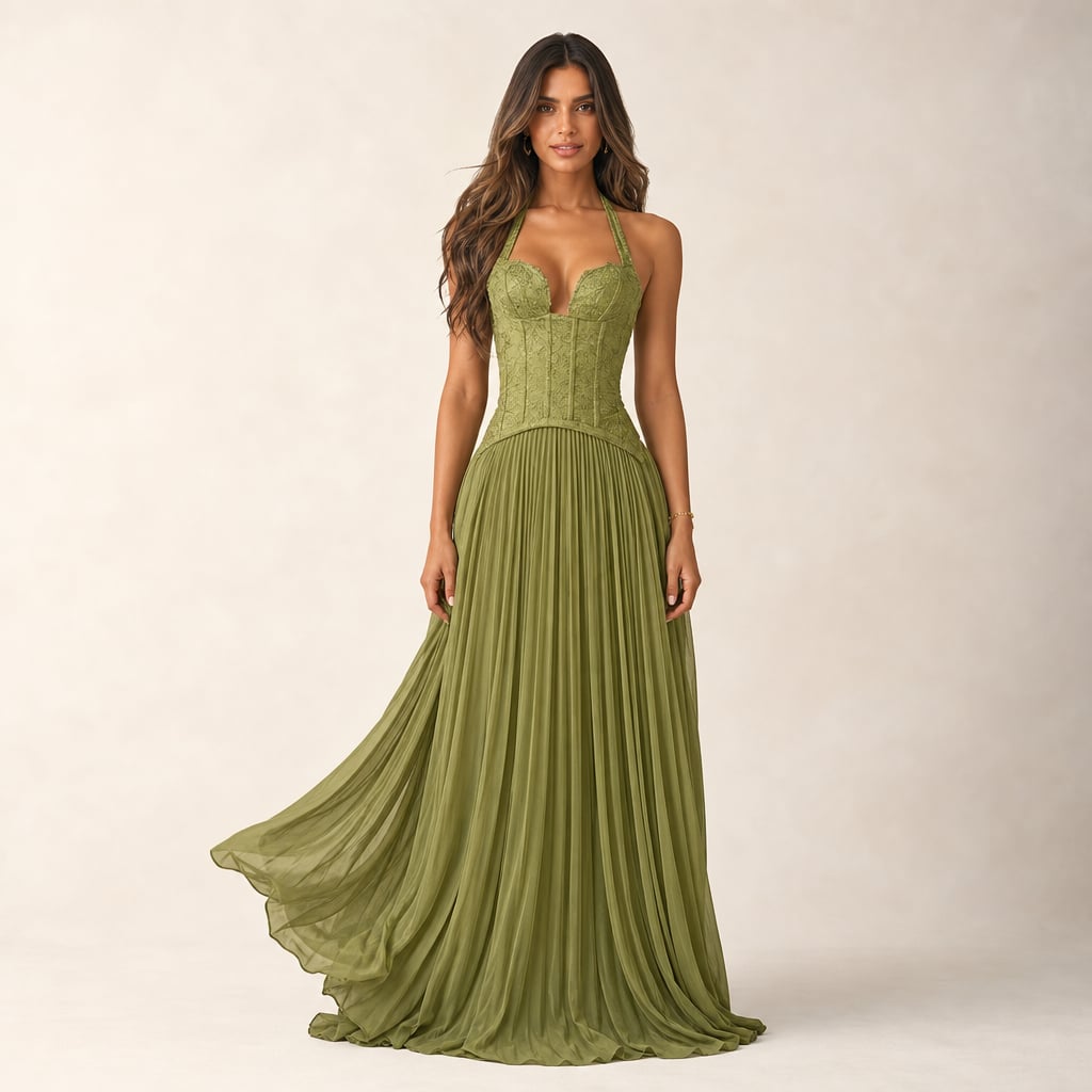 Vestido maxi verde con corsé ballonado y falda plisada larga vista frontal completa