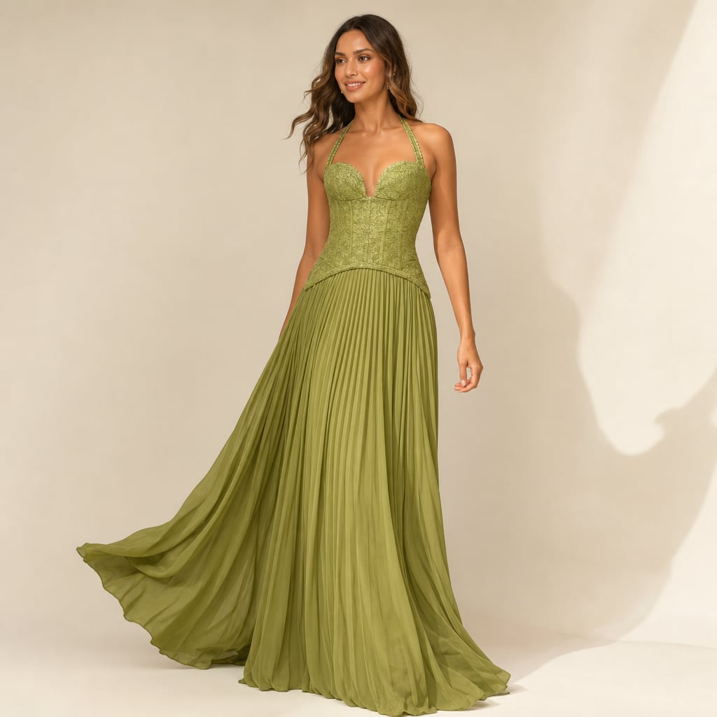 Modelo con vestido maxi verde de corsé estructurado y falda plisada hasta el piso