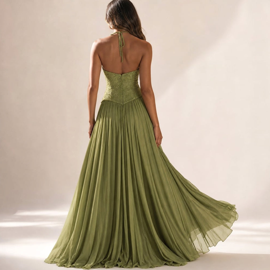 Vestido maxi plisado con corsé verde – Labetina