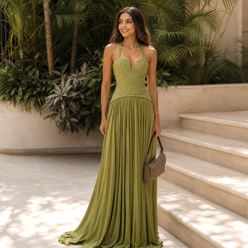Vestido maxi plisado con corsé verde – Labetina