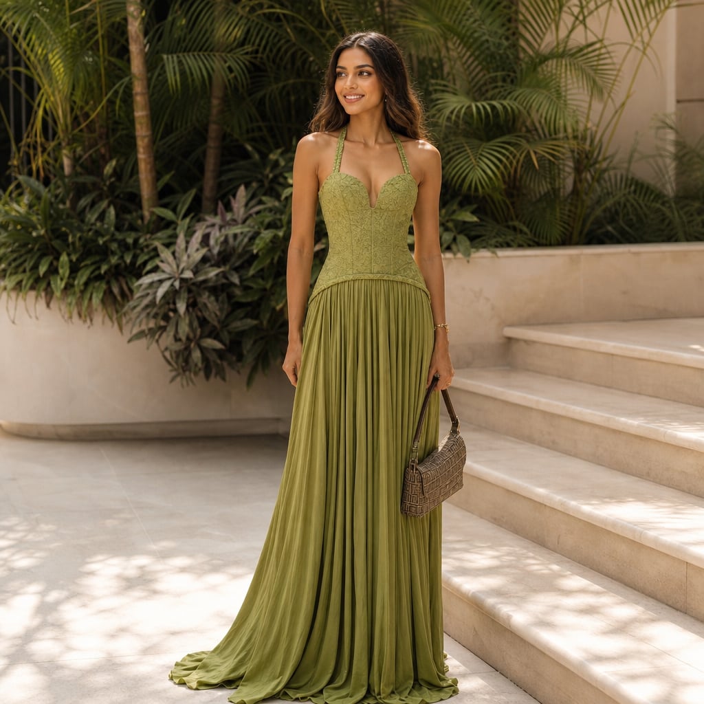Vestido maxi plisado con corsé verde – Labetina