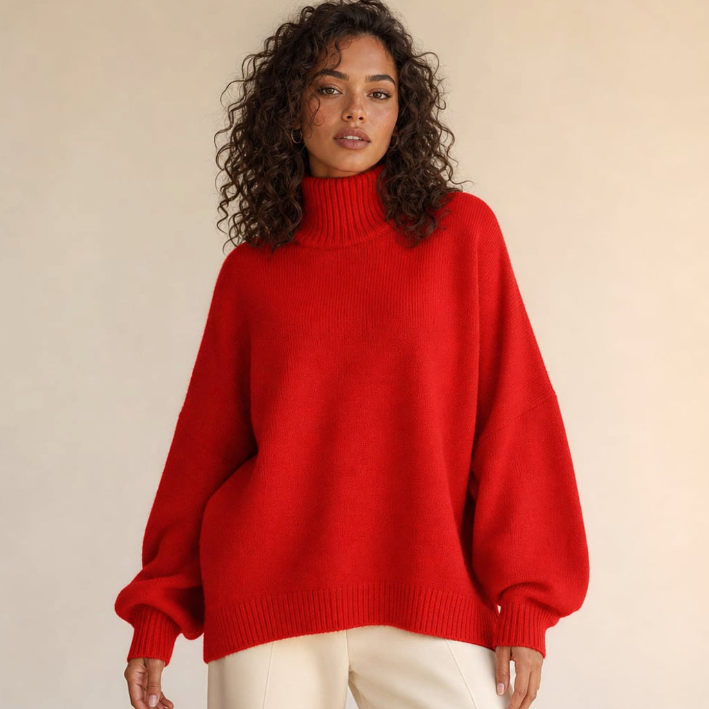 Suéter de punto rojo con cuello tortuga alto y manga campana amplia, vista frontal completa