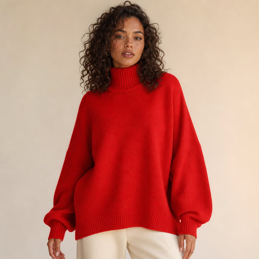Suéter de punto rojo con cuello tortuga alto y manga campana amplia, vista frontal completa