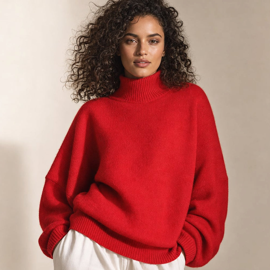 Modelo con suéter boxy rojo de manga campana y cuello tortuga acanalado, posando de frente