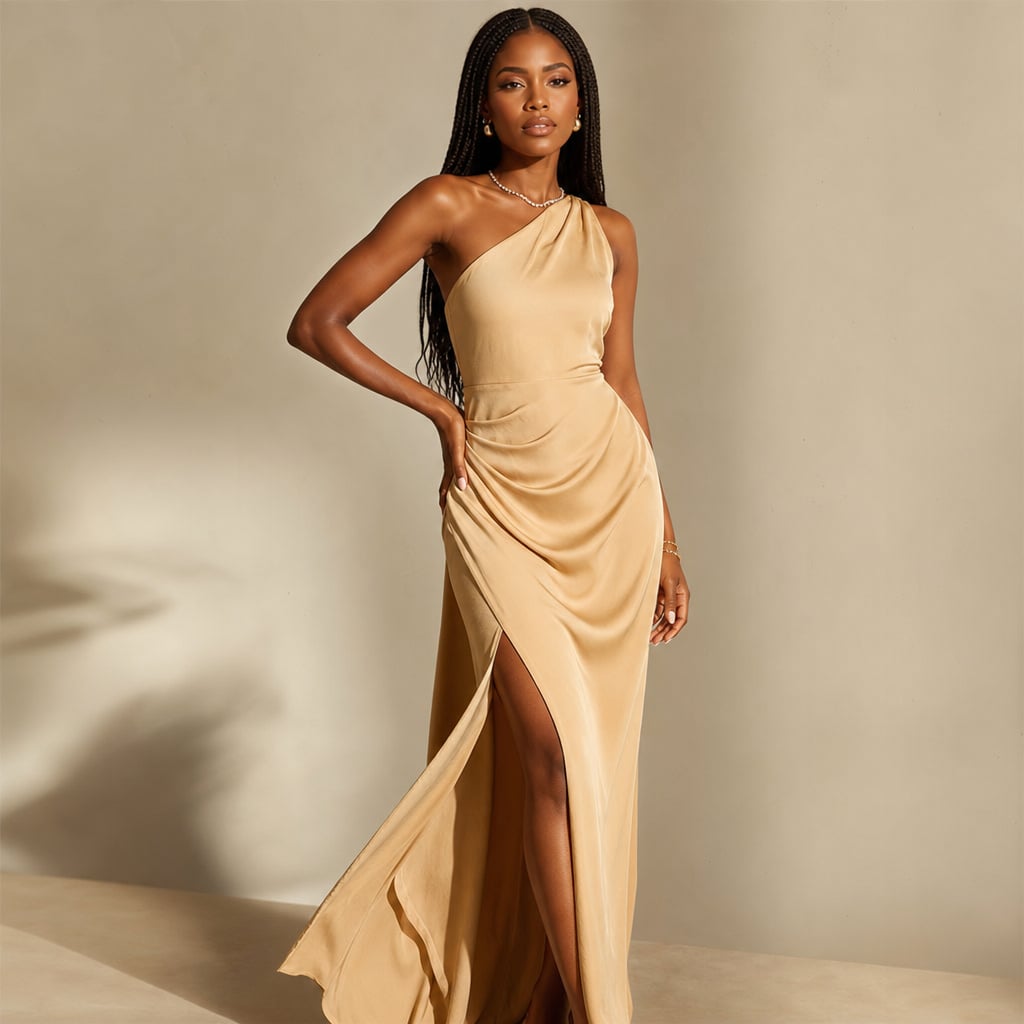 Vestido maxi asimétrico con abertura café claro – Labetina