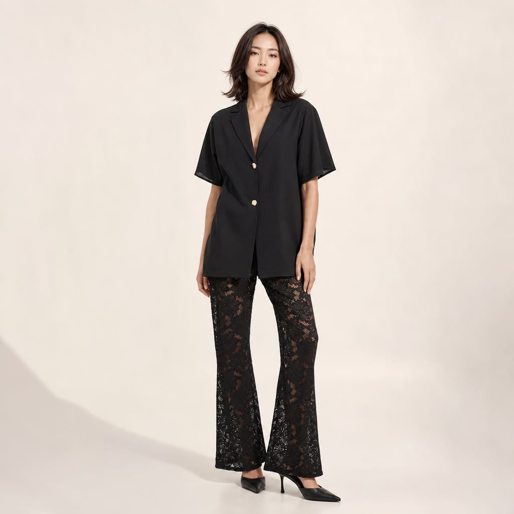 Conjunto dos piezas negro: blusa de algodón manga corta con botón dorado y pantalón de encaje transparente pierna ancha, vista frontal completa
