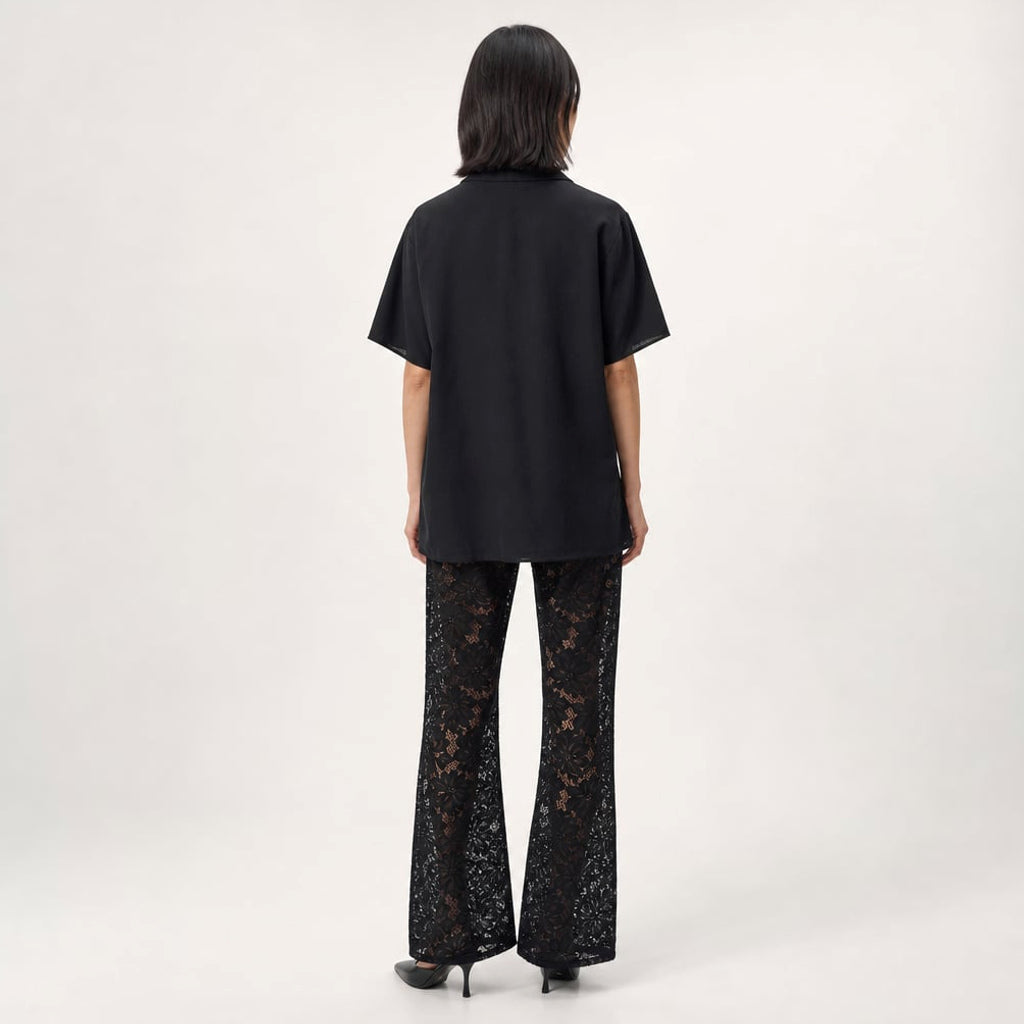 Conjunto dos piezas algodón encaje transparente pierna ancha Negro – Labetina