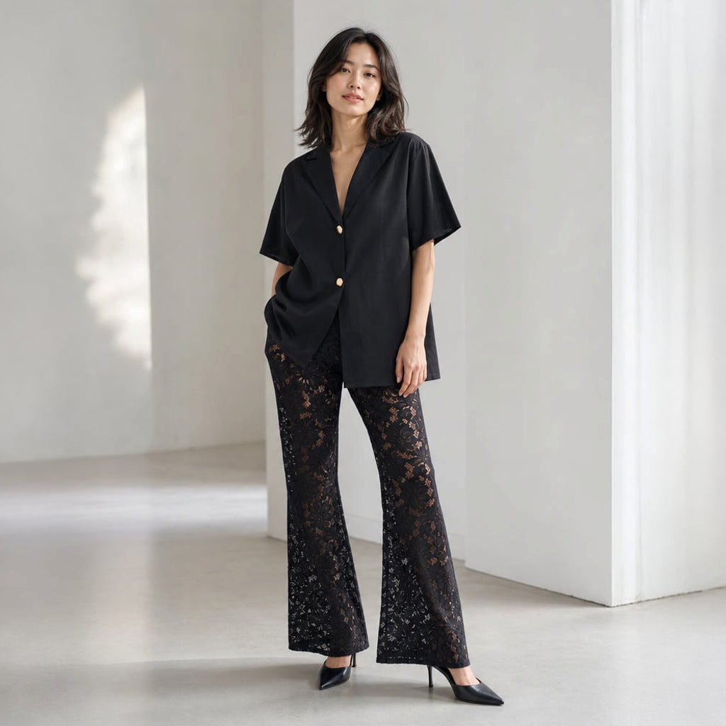 Conjunto dos piezas algodón encaje transparente pierna ancha Negro – Labetina