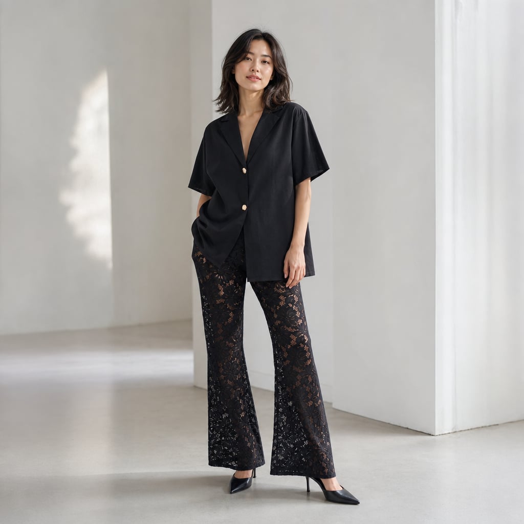 Conjunto dos piezas algodón encaje transparente pierna ancha Negro – Labetina