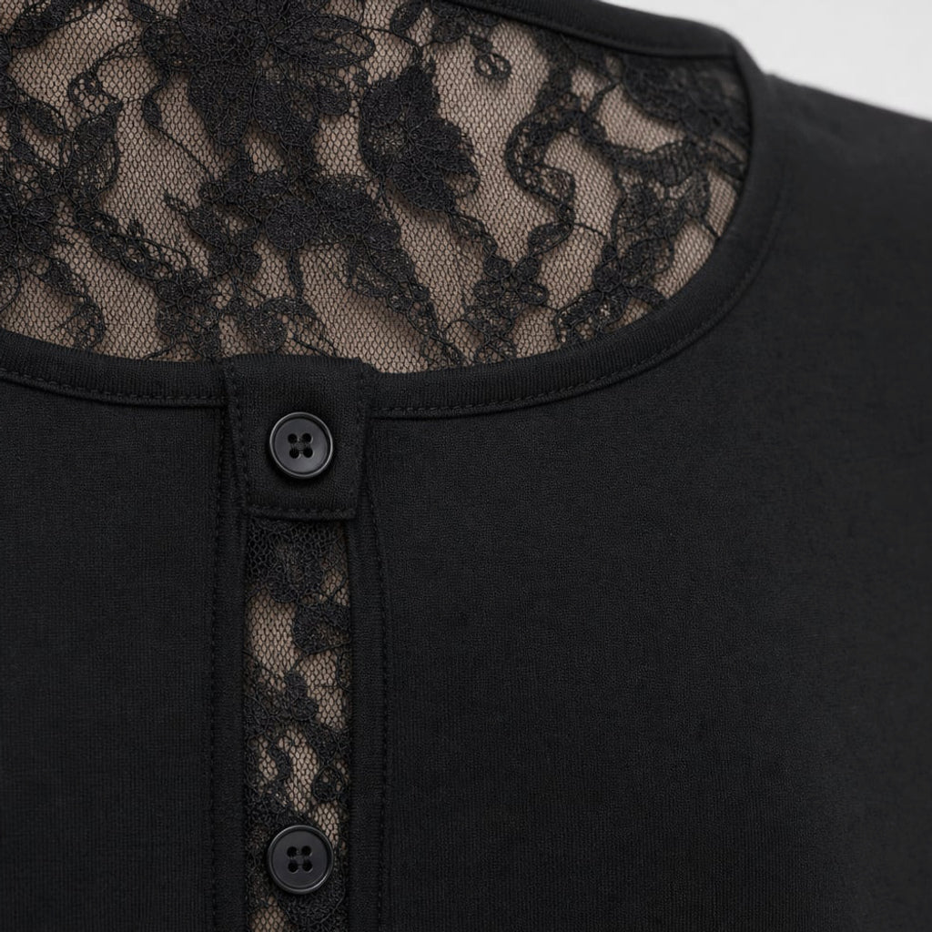 Top de tejido con manga de encaje mezcla de algodón Negro – Labetina