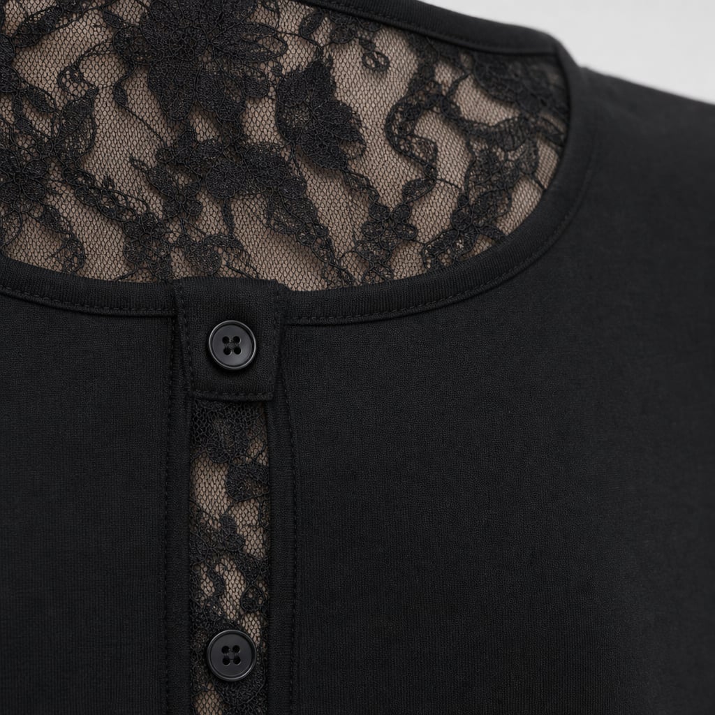 Top de tejido con manga de encaje mezcla de algodón Negro – Labetina