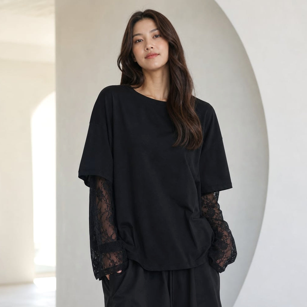 Top de tejido con manga de encaje mezcla de algodón Negro – Labetina