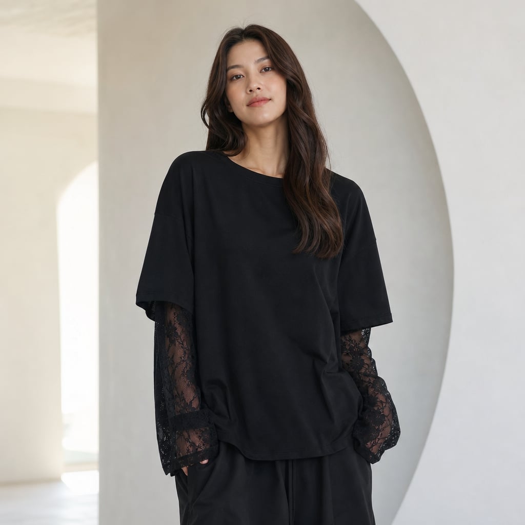 Top de tejido con manga de encaje mezcla de algodón Negro – Labetina