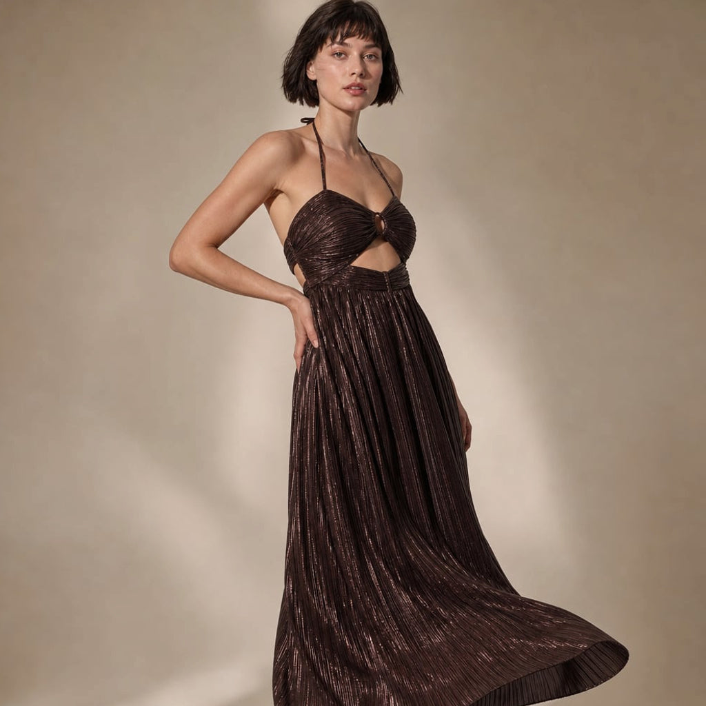 Vestido maxi halter con cut-out Chocolate – Labetina