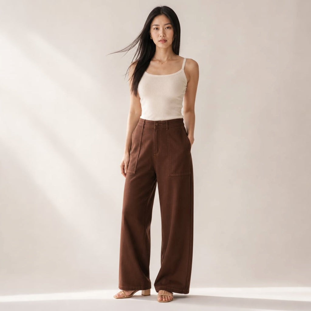 Pantalones anchos de denim chocolate con tiro alto y pierna ancha en vista frontal completa