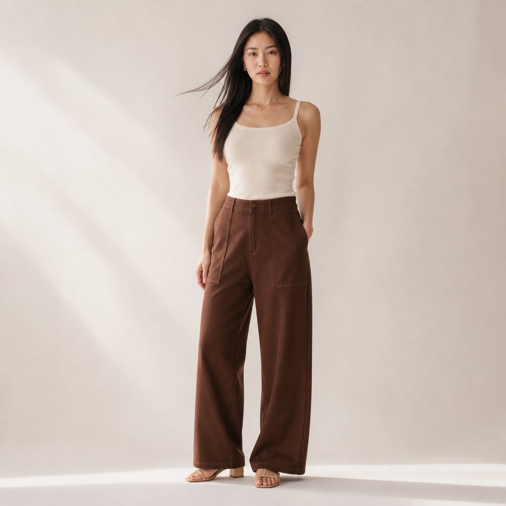 Pantalones anchos de denim chocolate con tiro alto y pierna ancha en vista frontal completa