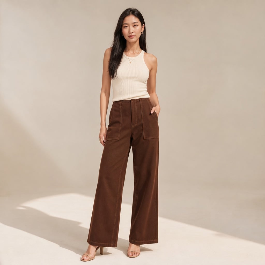 Modelo de pie con pantalones anchos de denim chocolate tiro alto que muestra la caída limpia de la pierna hasta el piso