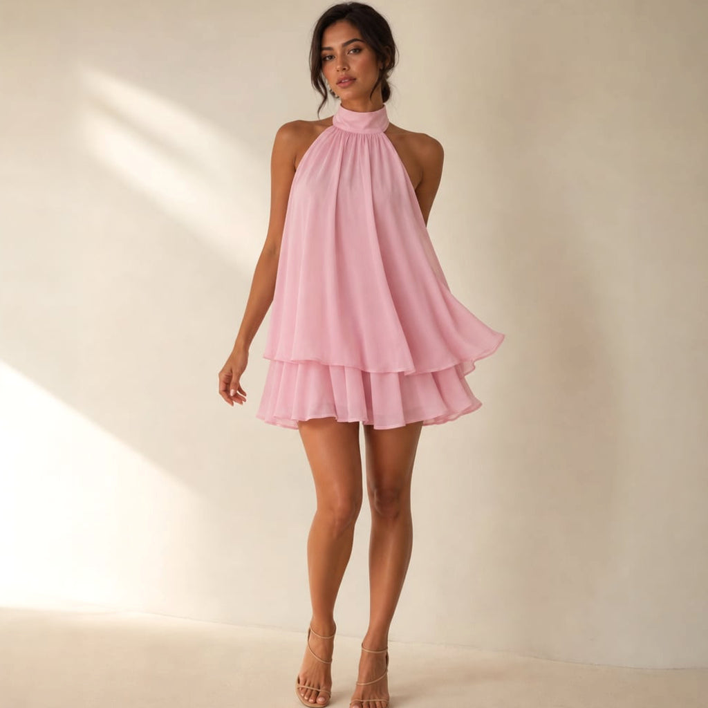 Vestido mini de gasa con holanes halter espalda abierta en Pink – Labetina