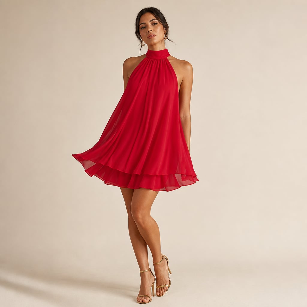 Vestido mini de gasa con holanes halter espalda abierta en Red – Labetina
