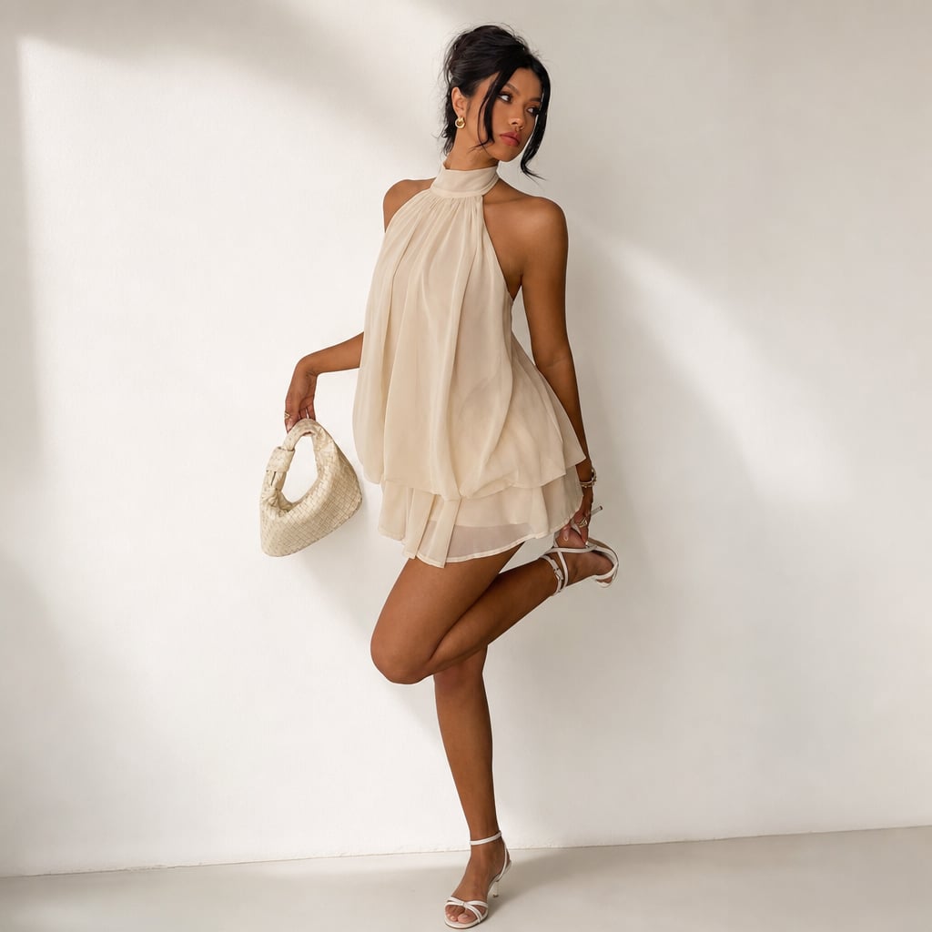 Modelo de frente y de espaldas con vestido mini de gasa beige halter que muestra los holanes y el corte en la espalda