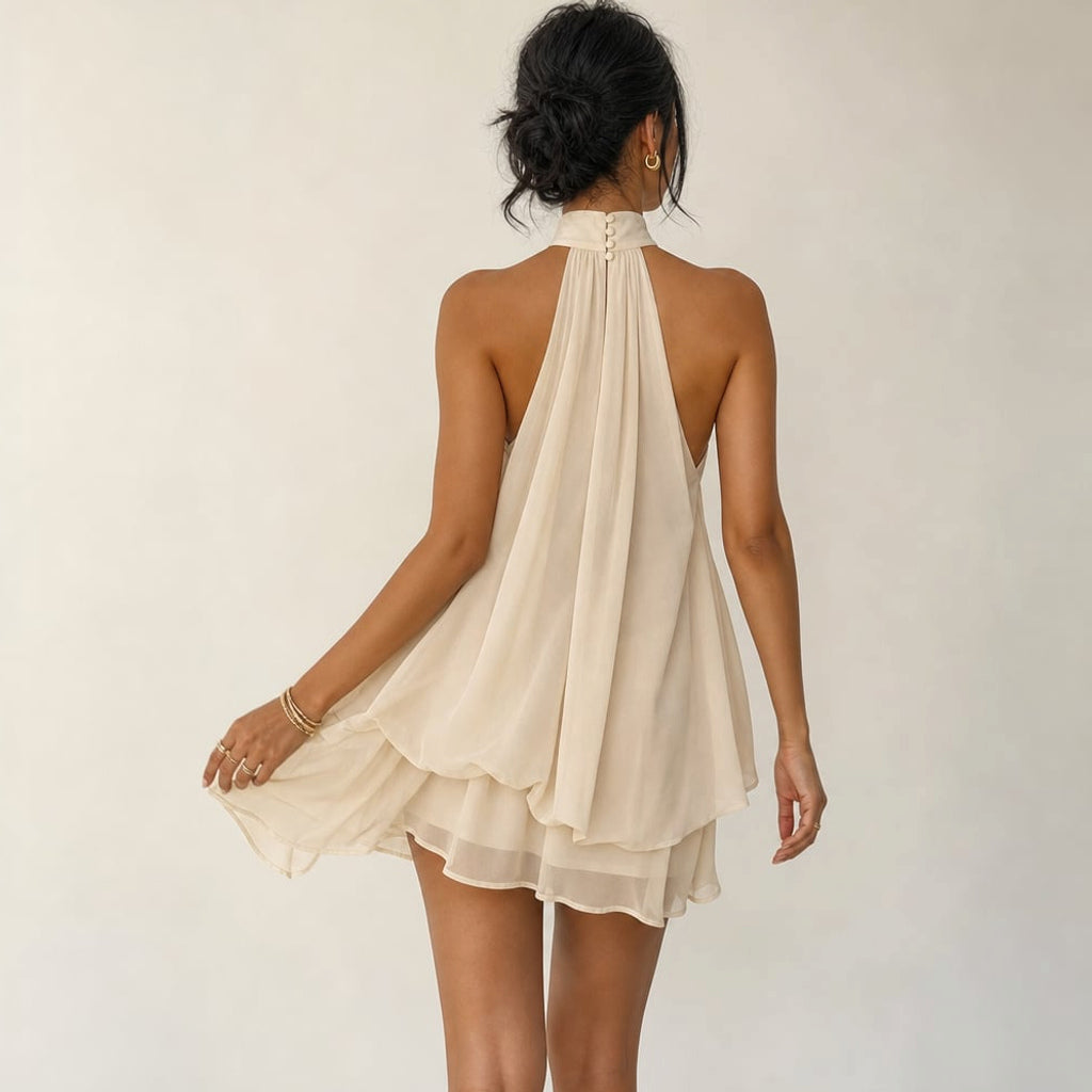 Vestido mini de gasa con holanes halter espalda abierta – Labetina
