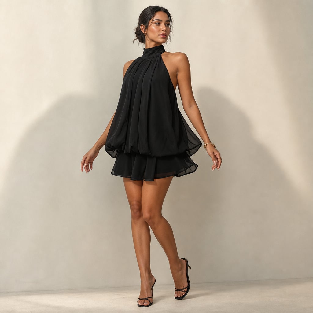Vestido mini de gasa con holanes halter espalda abierta en Black – Labetina