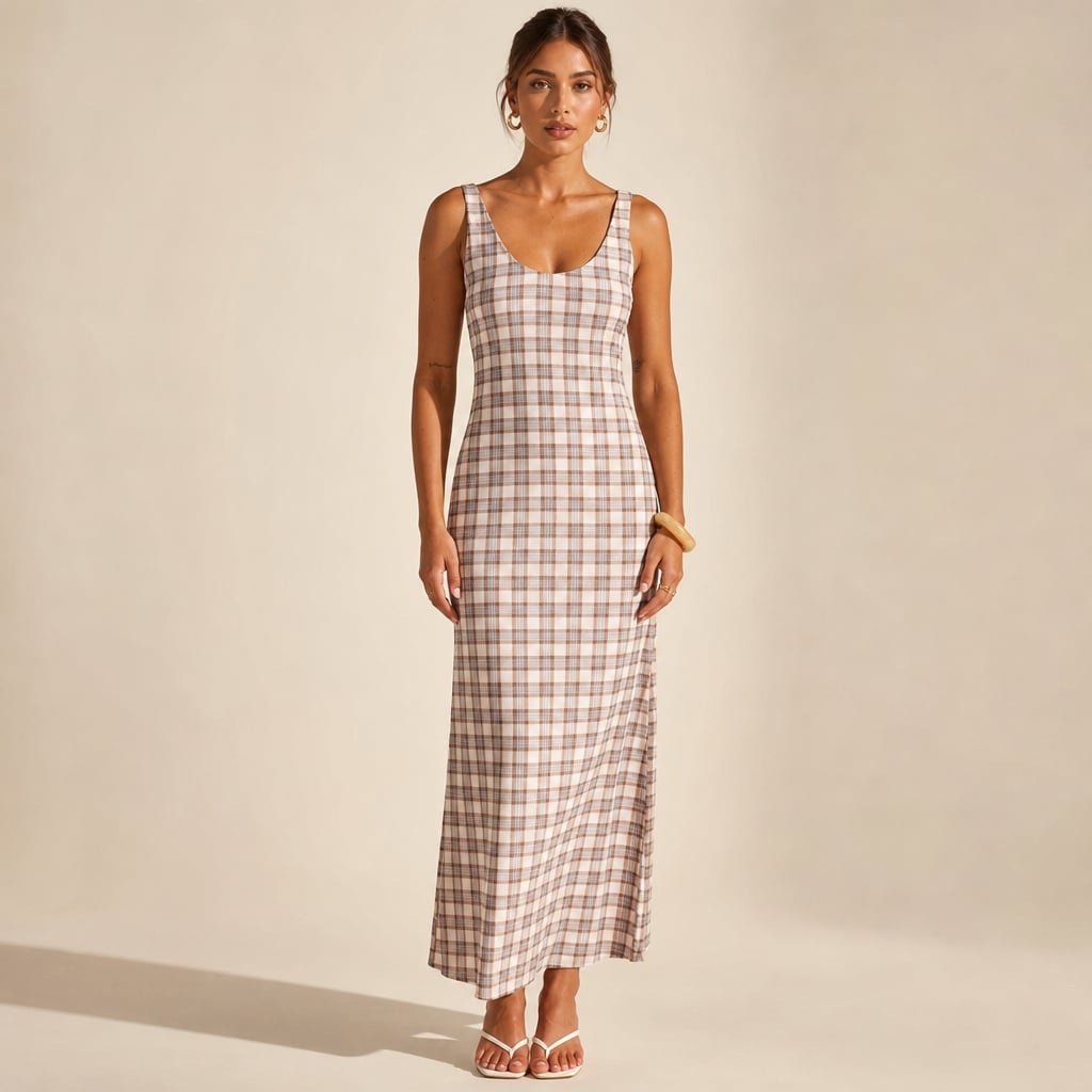 Vestido maxi sin mangas con overlay transparente en estampado cuadros neutros, largo hasta el piso, con forro mini interior