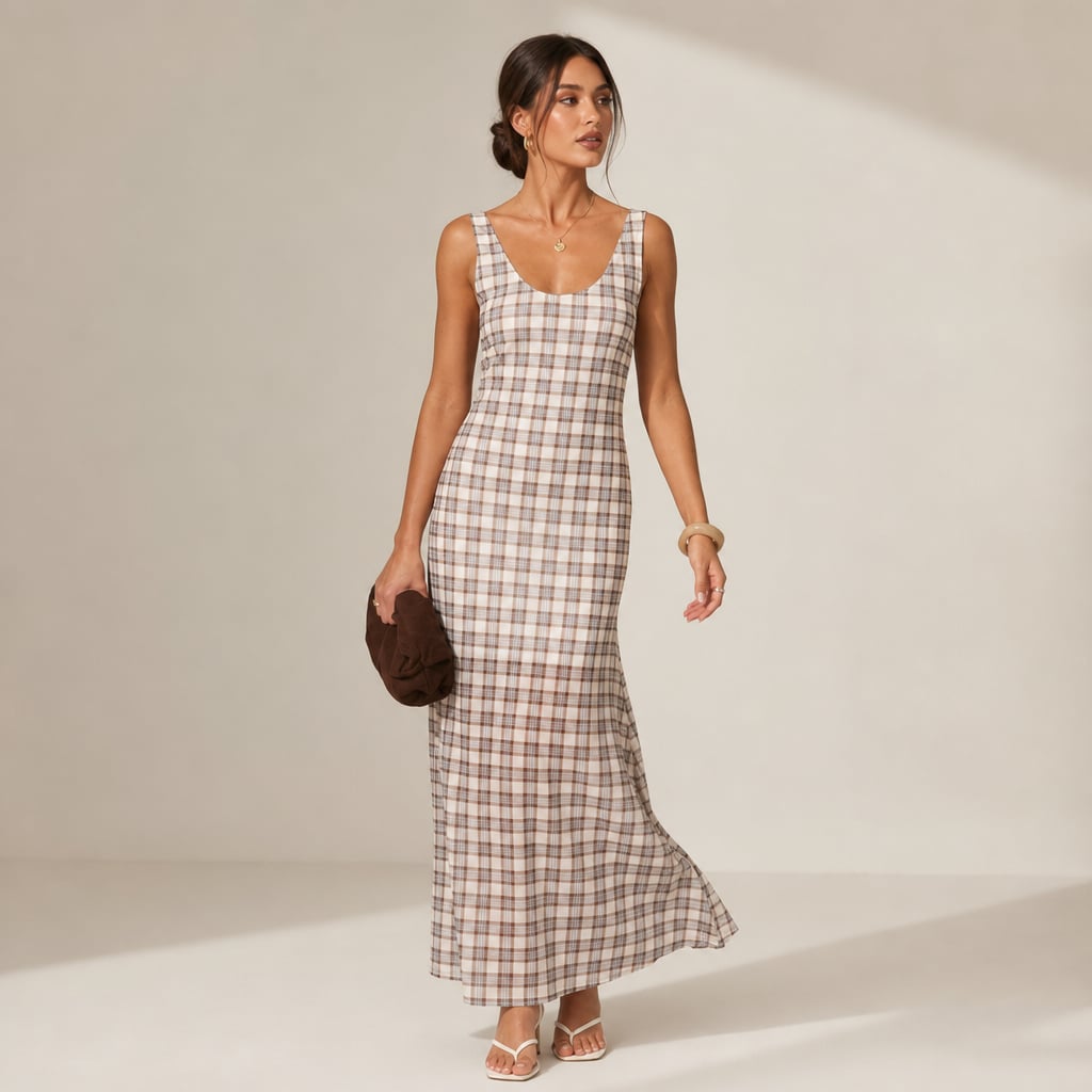 Modelo de frente con vestido maxi cuadros neutros, overlay que cae con movimiento, escote redondo y tirantes fijos