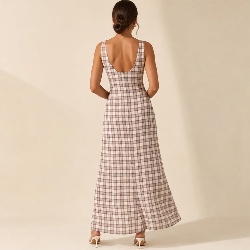 Vestido maxi cuadros neutros overlay transparente sin mangas – Labetina