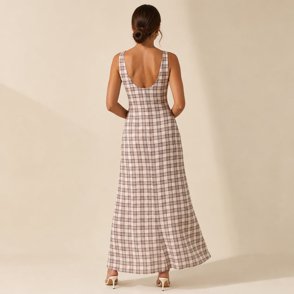 Vestido maxi cuadros neutros overlay transparente sin mangas – Labetina