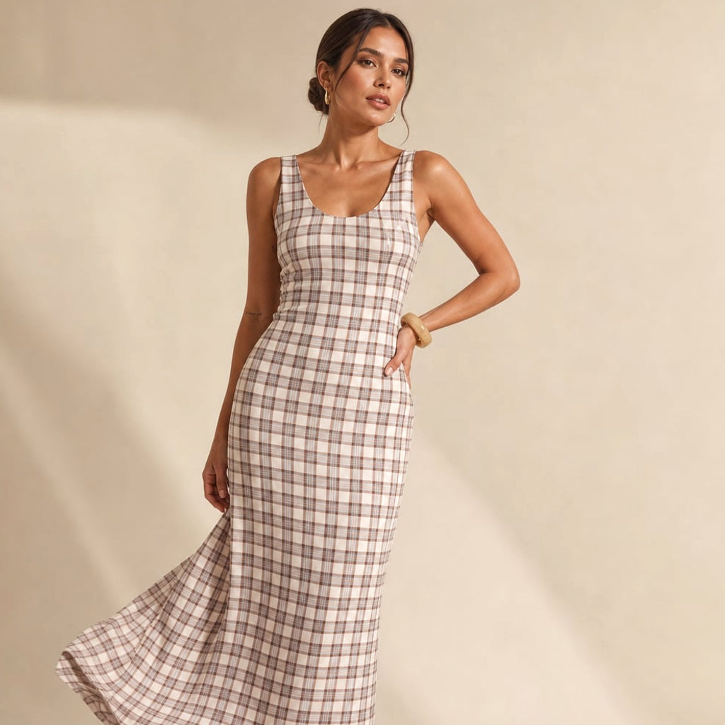 Vestido maxi cuadros neutros overlay transparente sin mangas – Labetina