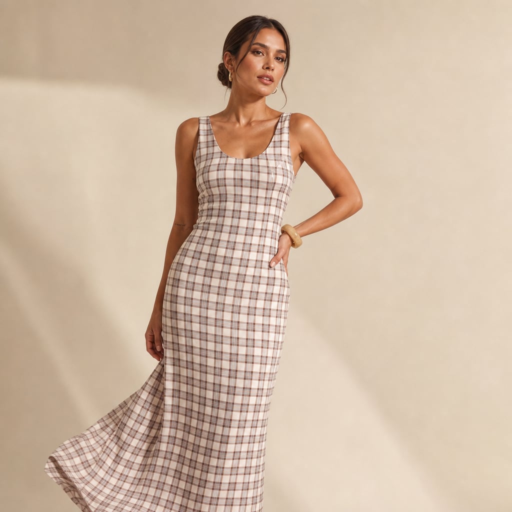Vestido maxi cuadros neutros overlay transparente sin mangas – Labetina