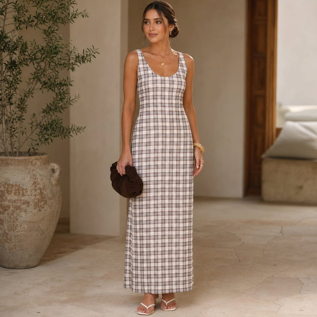 Vestido maxi cuadros neutros overlay transparente sin mangas – Labetina