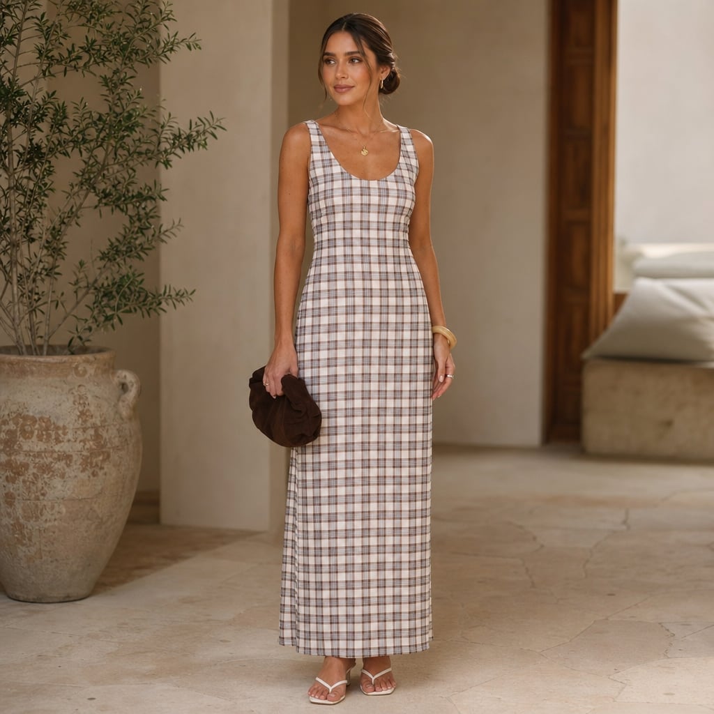Vestido maxi cuadros neutros overlay transparente sin mangas – Labetina