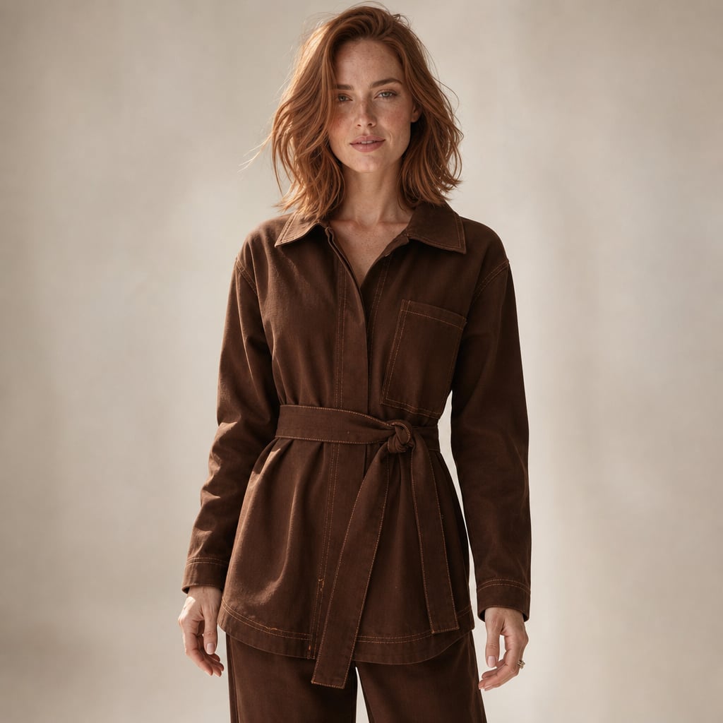 Top longline de denim chocolate con escote en V, amarre en cintura y manga larga, vista frontal sobre fondo neutro
