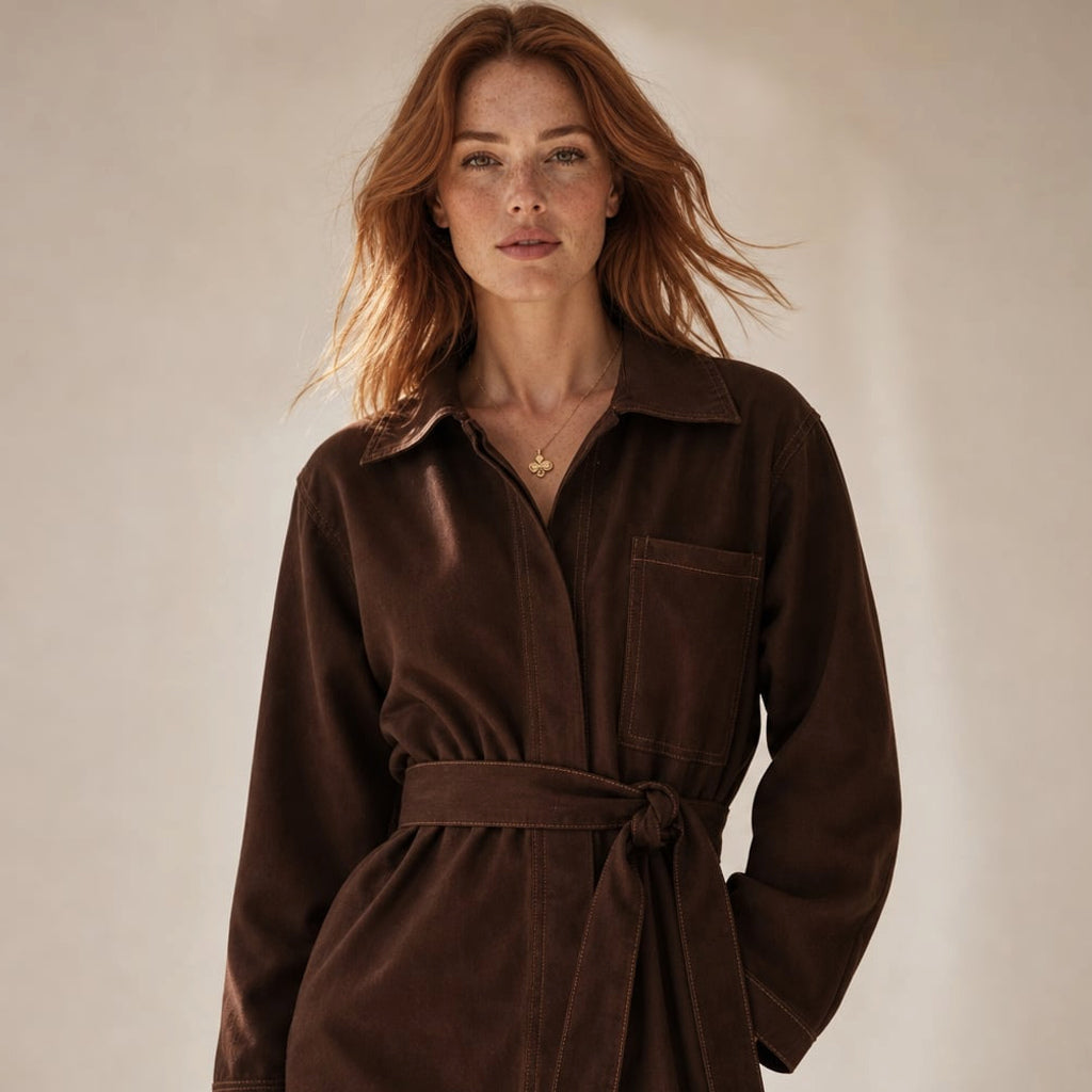 Modelo lleva top longline de denim chocolate con amarre suelto en la cintura sobre pantalón de tiro alto