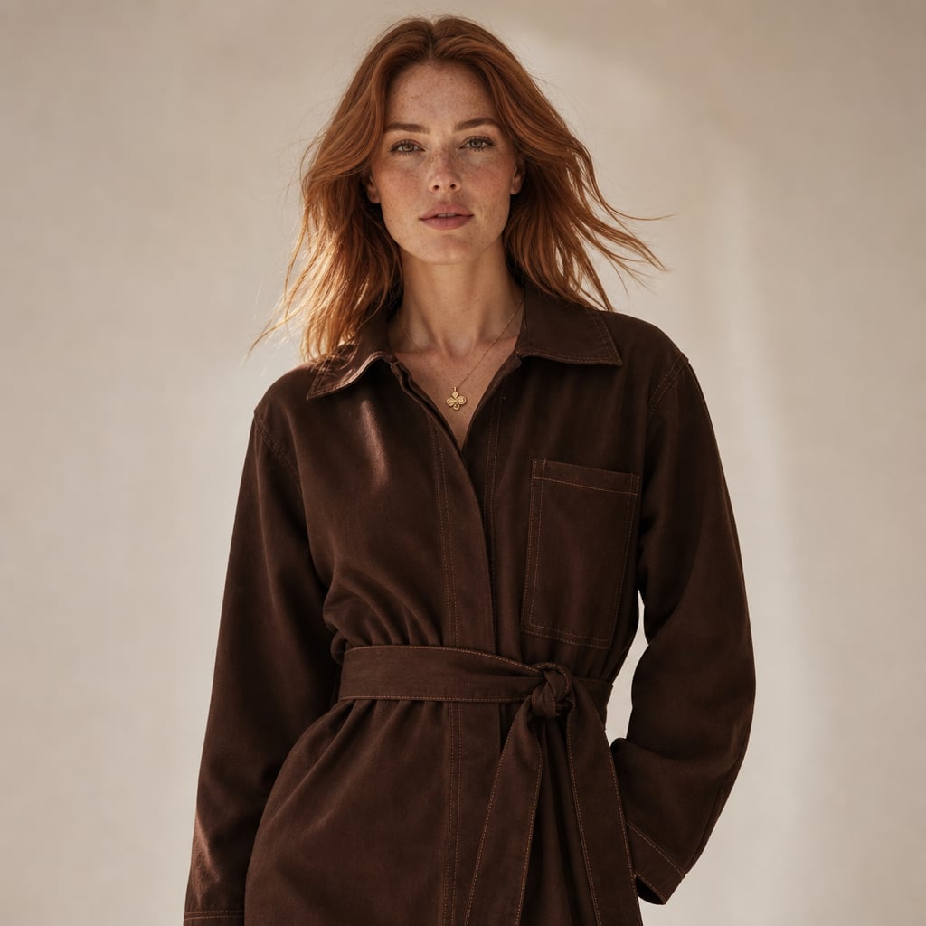 Modelo lleva top longline de denim chocolate con amarre suelto en la cintura sobre pantalón de tiro alto